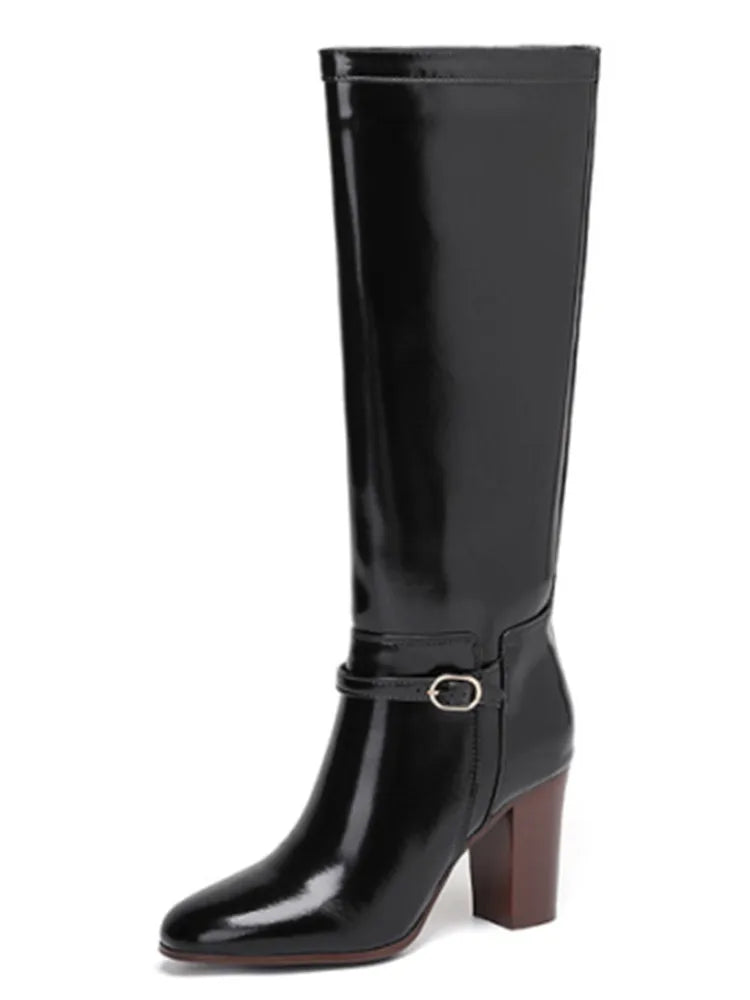Women's Coarse High Heels Knee Length Women's Boots Round Head Fashion Women's Leather Boots 34-46 Large Medium Top Boots