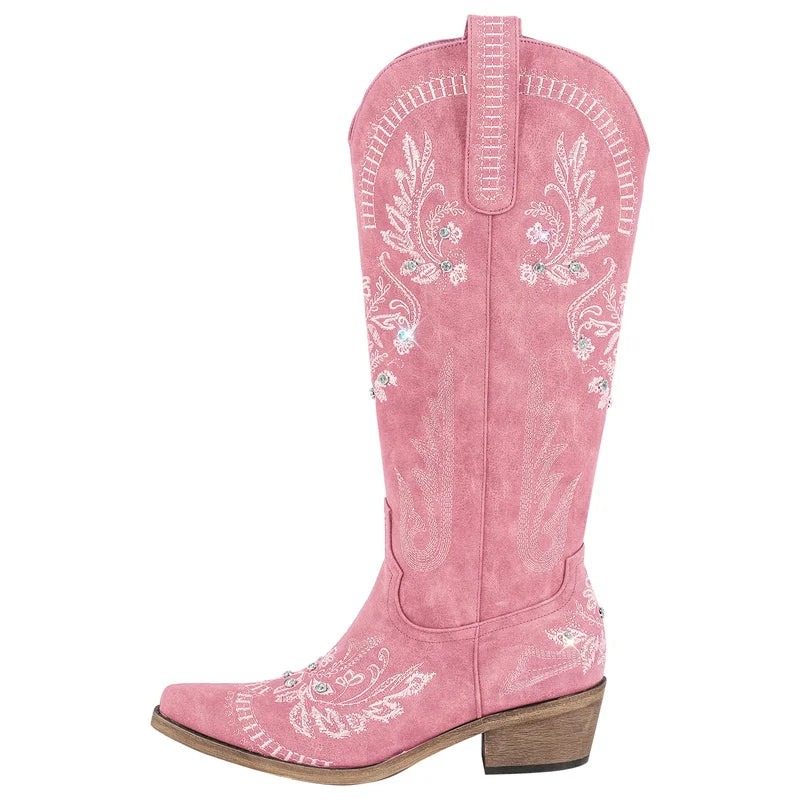 Onlymaker Women Pointed Toe Embroidered White Western Cowboy Boots Block Heel Pull-On Cowgirl Booties