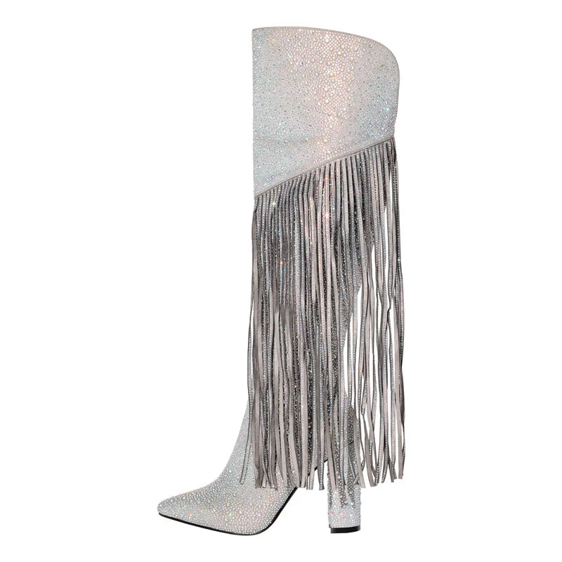 Onlymaker Women Fringe Rhinestones Bling Western Cowboy Boots Cowgirl Pointed Toe Block High Heel Side Zipper Knee High Boots
