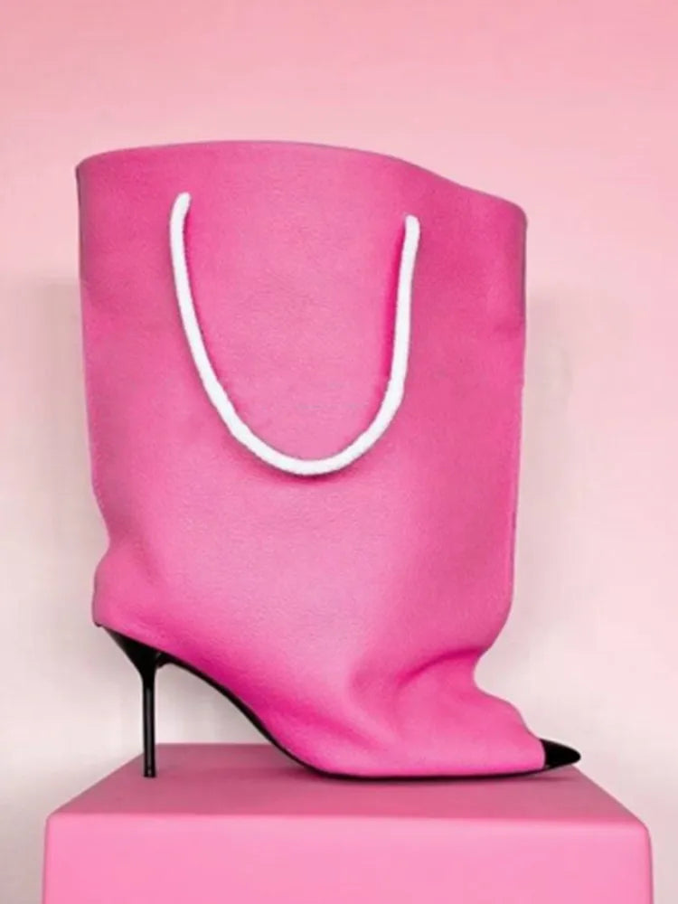 2026 Ladies' Autumn and Winter Pointed Thin High-heeled Women's Boots with Diamond Grid Chain Handbag, Plus Size Women's Short Boots