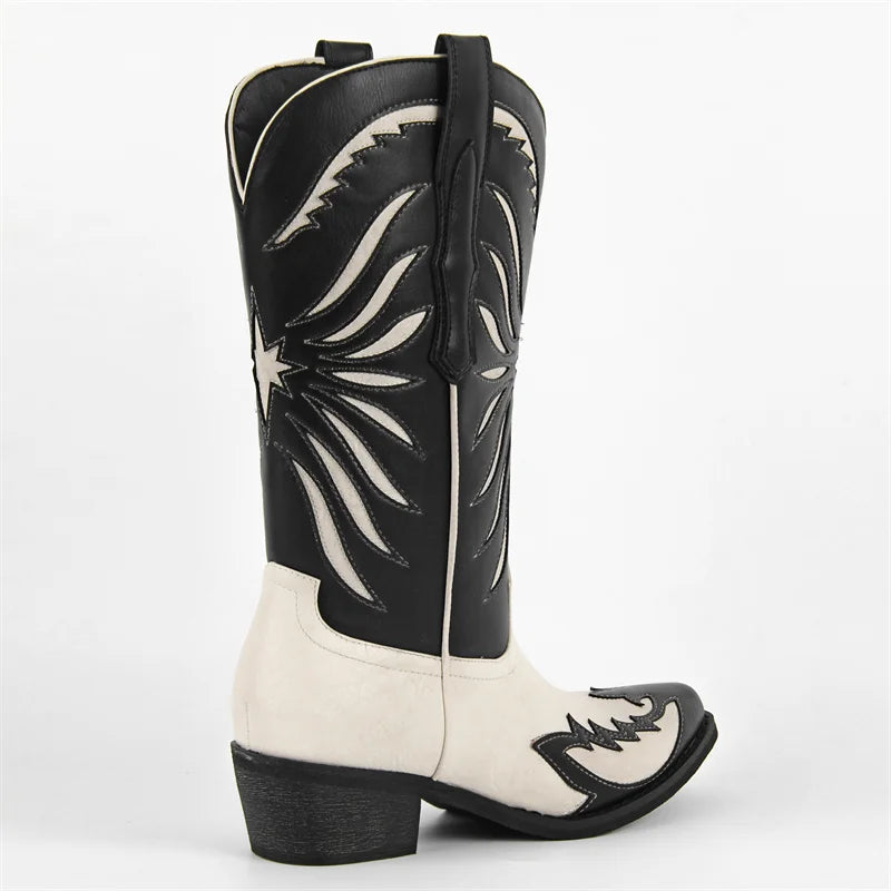 Onlymaker Women Western Cowboy Boots Pointed Toe Embroidered  Block Heel Fashion Pull-On Cowgirl Boots