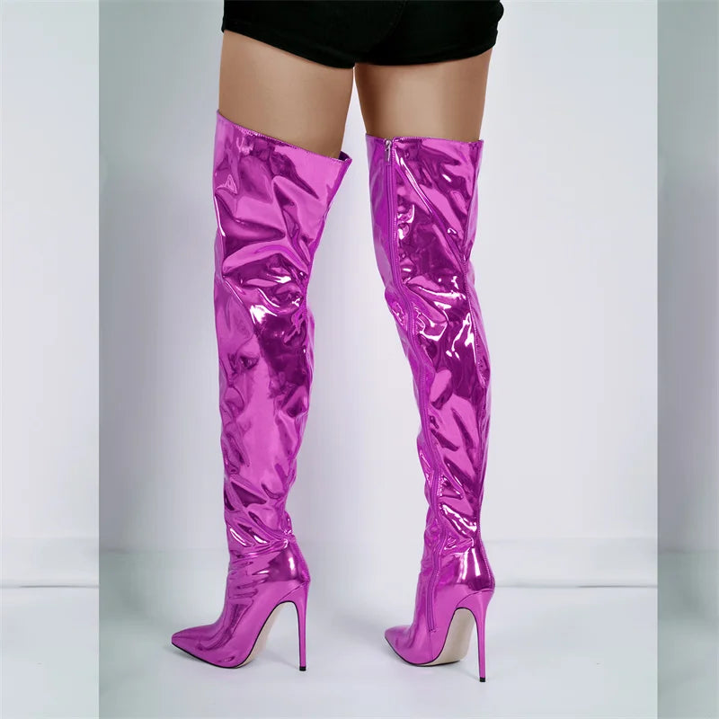 Onlymaker Women Pointed Toe Stiletto Over The Knee Boots Silver Metallic Zipper Fashion Handmade  Big Size Ladies Boots