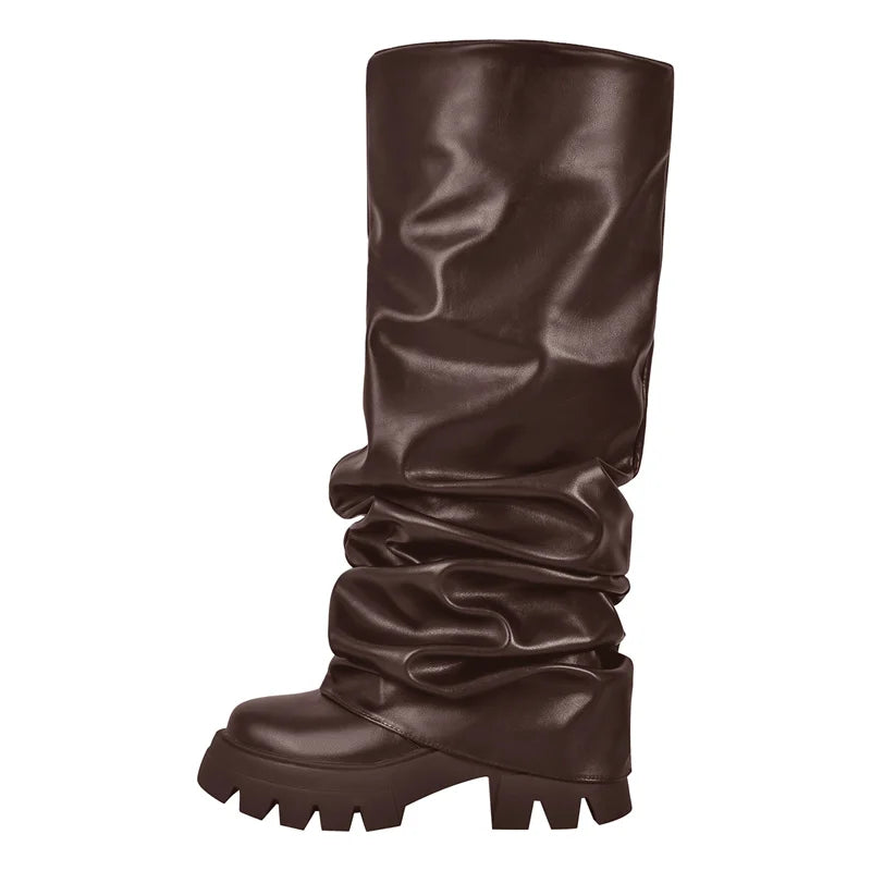 Onlymaker Women Green Round Toe Fold Over Boots Webs Fashion Handmade Female Mid-Calf Boots