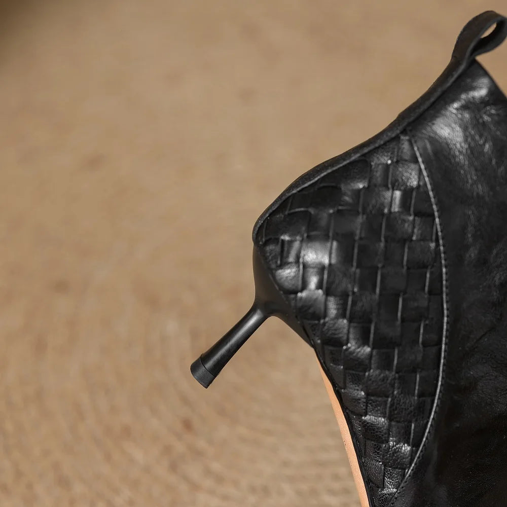 Women's Handmade genuine leather thin high heel pointed toe zip short booties British Style ankle boots
