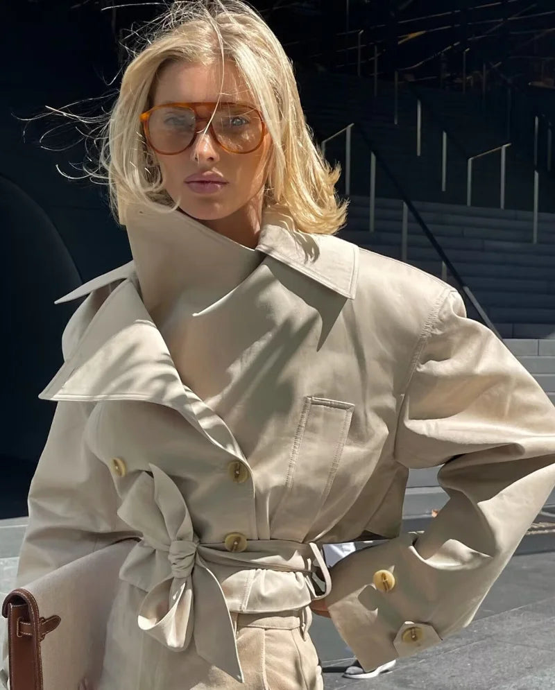 new  women's British wind trench coat style double-breasted long sleeve belt lapel jacket short coat