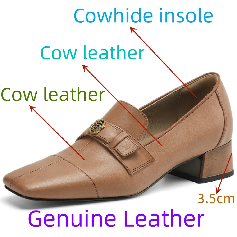 Handmade Genuine Leather Mid Heel British Sle Loafer Women's Spring Retro Camellia Single Shoes Fashionable 34-41