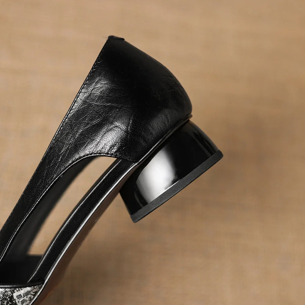new women Handmade Genuine leather Soft and comfortable Serpentine stitching square toe Mid heel shoes 34-40