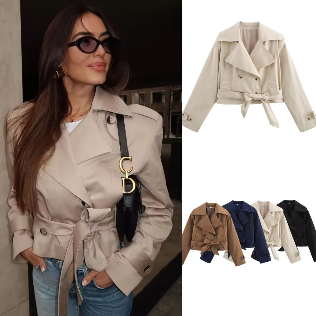 new  women's British wind trench coat style double-breasted long sleeve belt lapel jacket short coat