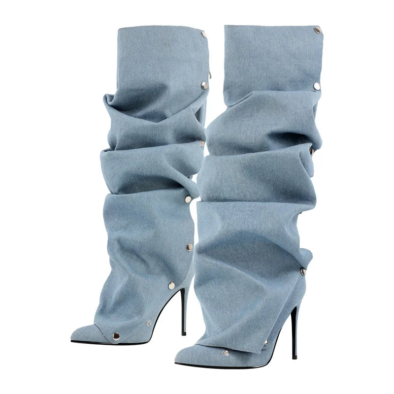 Onlymaker Women Pointed Toe Pleated Thin Heel Knee High Boots Back Zipper Fashion Buttons Stiletto Removable Boots