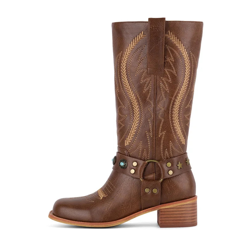 Onlymaker Women Round Toe Floral Western Embroidery Cowgirl Boots Pull On Knee High with Chunky Heel Embroidered Boots
