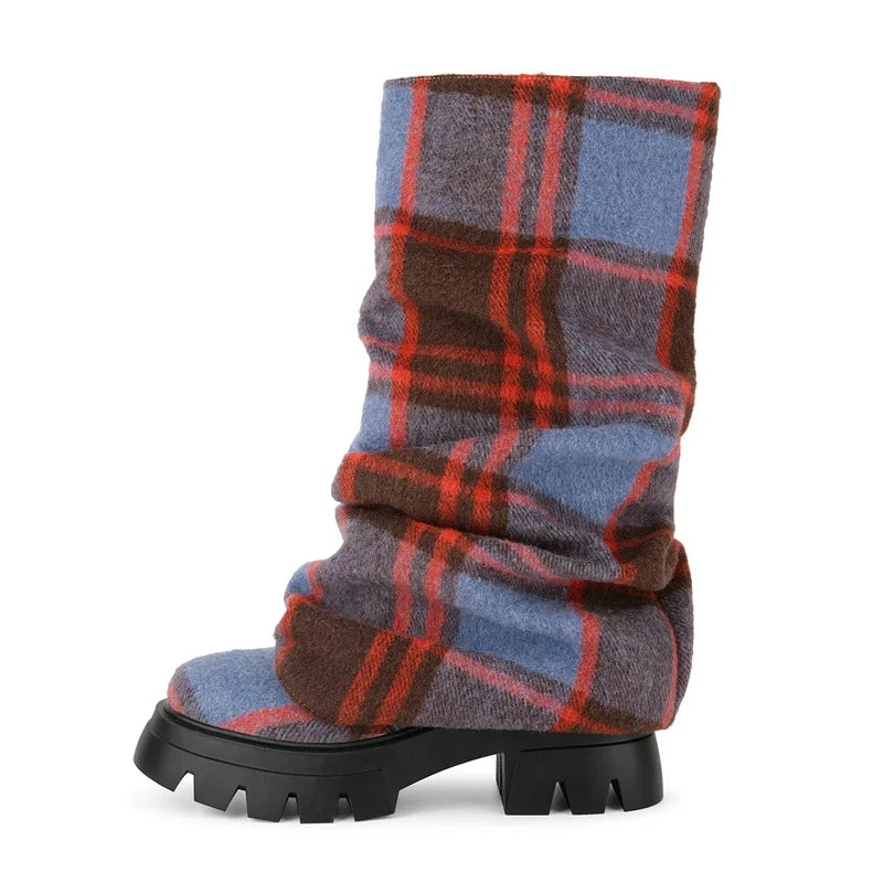 Onlymaker Women Platform  Pleated Fold Over Boots Round Toe Handmade Female Fashion Mid-Calf Boots