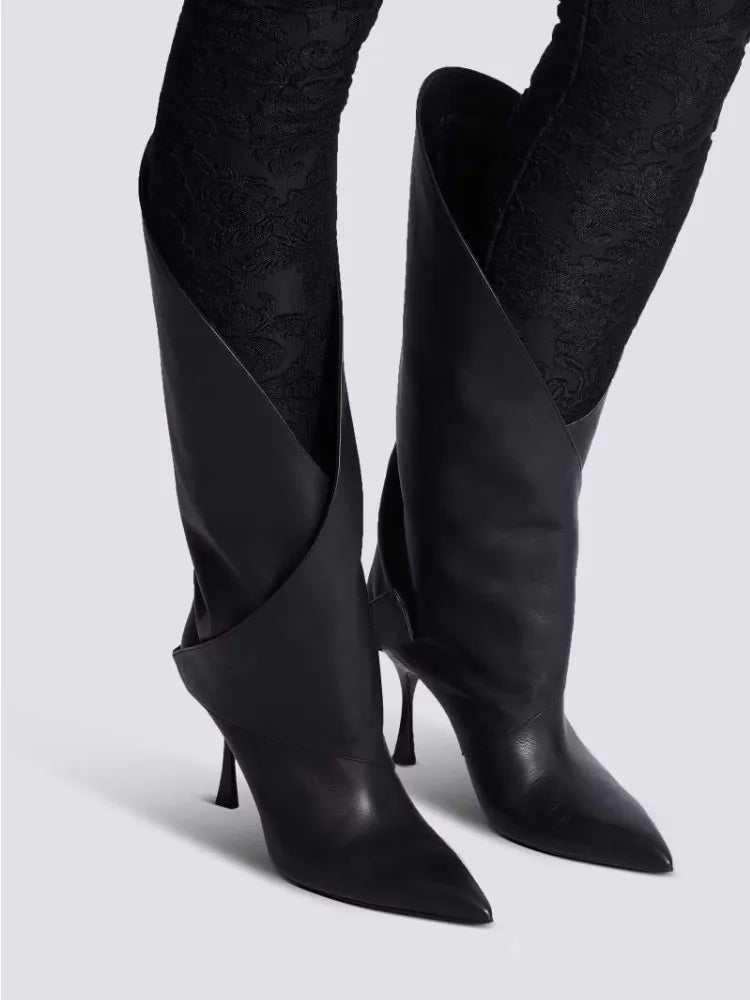 2026 Women's Slim Fit High Heels, Black Pointed Boots, Fashion Show Party Women's Knee High Boots