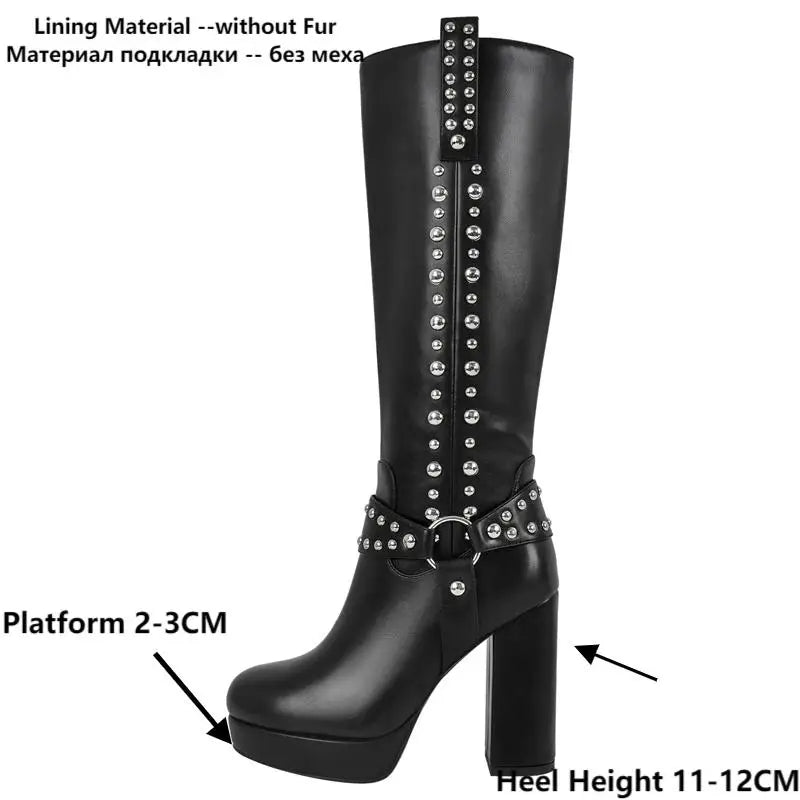 Onlymaker Women Round Toe Platform Knee High Boots Chunky Heel Side Zipper Metal Rivet Decoration Buckle Motorcycle Boots