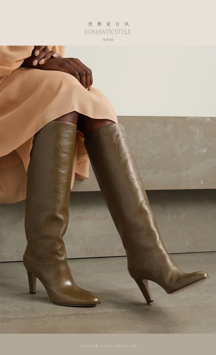 Ladies' Autumn and Winter Knee Length Boots, Round Toe Fashionable Leather Slim Fit High Heels, Size 34-46 Medium Length Boots