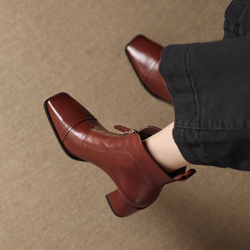 New Women Handmade Genuine Leather Soft comfortable High Heels Ankle Boots Square Toe Short Elegant Short 34-40