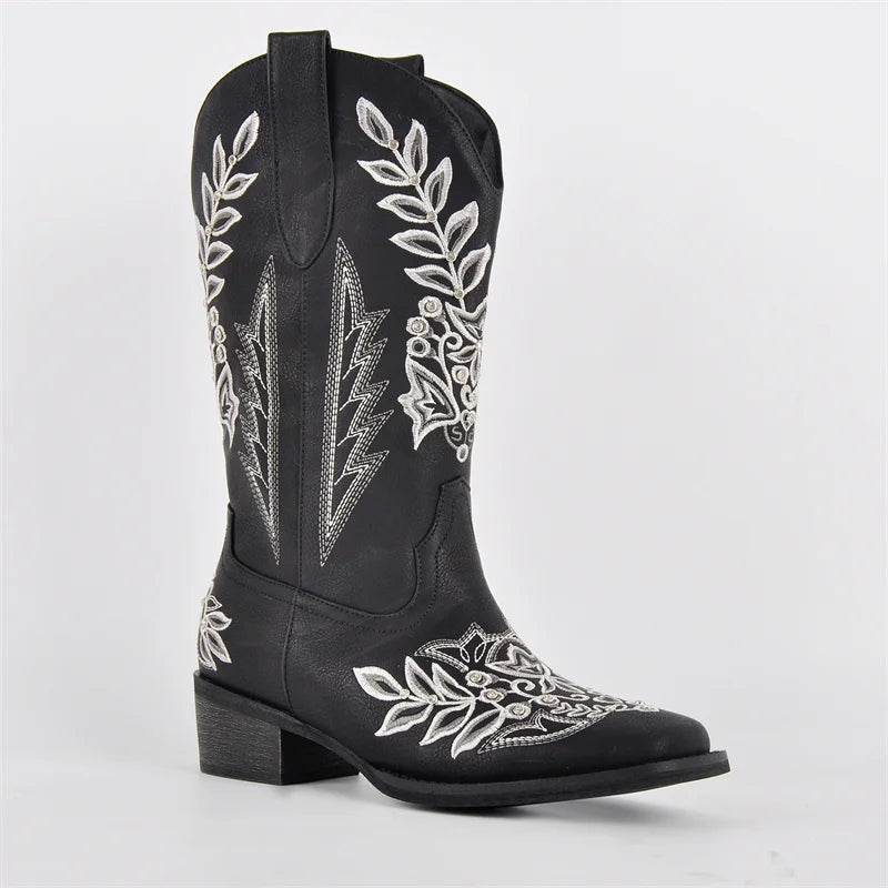 Women Square Toe Floral Rhinestones Embroidery Western Boots Pull On Knee High Chunky Heel Embroidered Boots