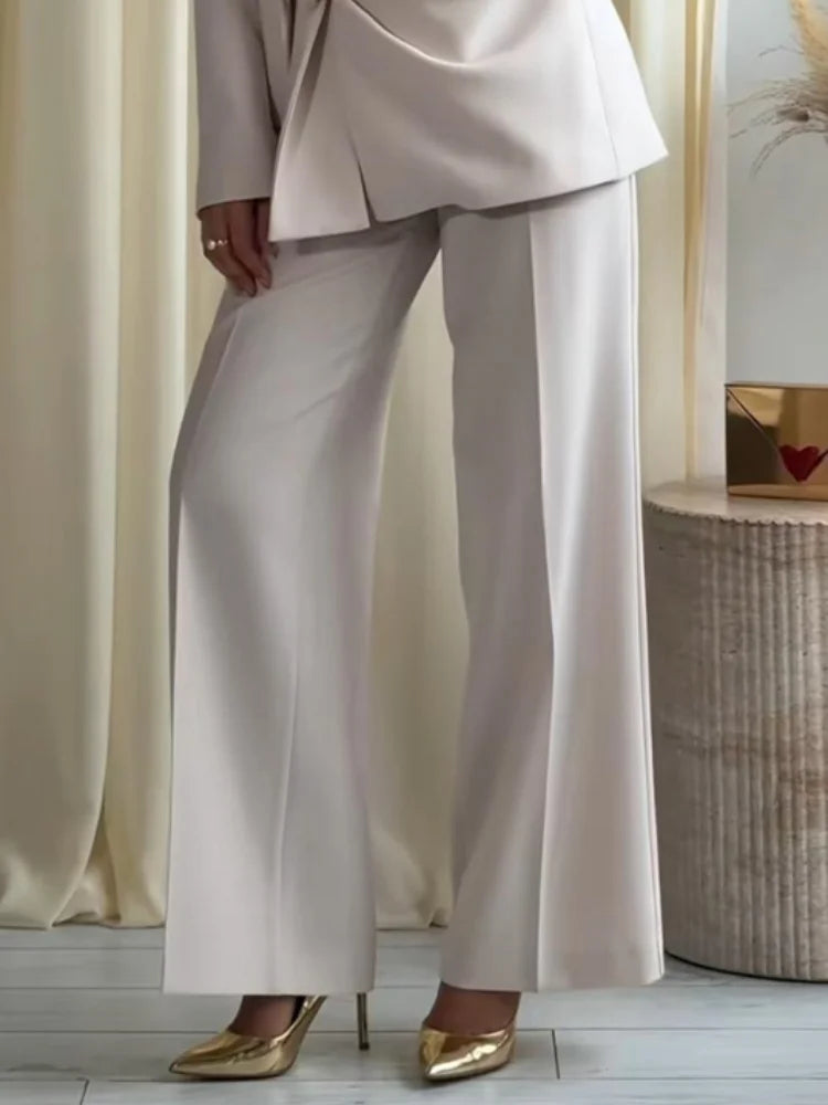 Fashion Solid Blazer Long Pants Sets Women 2026 Spring Long Sleeve Lace Up Suit Coat Wide Leg Straight Long Pant 2 Pieces Sets