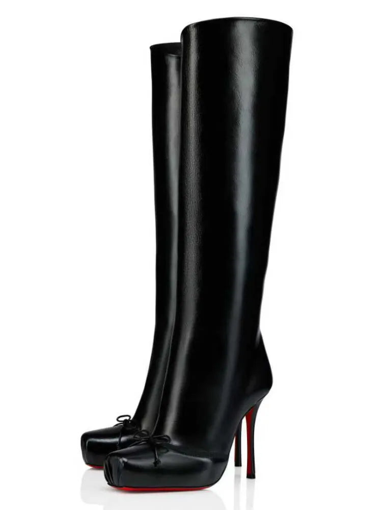 2026 Women's Autumn and Winter Fashionable Black High-heeled Knee High Boots with Square Toe and Side Zipper, Women's Midsole Boots