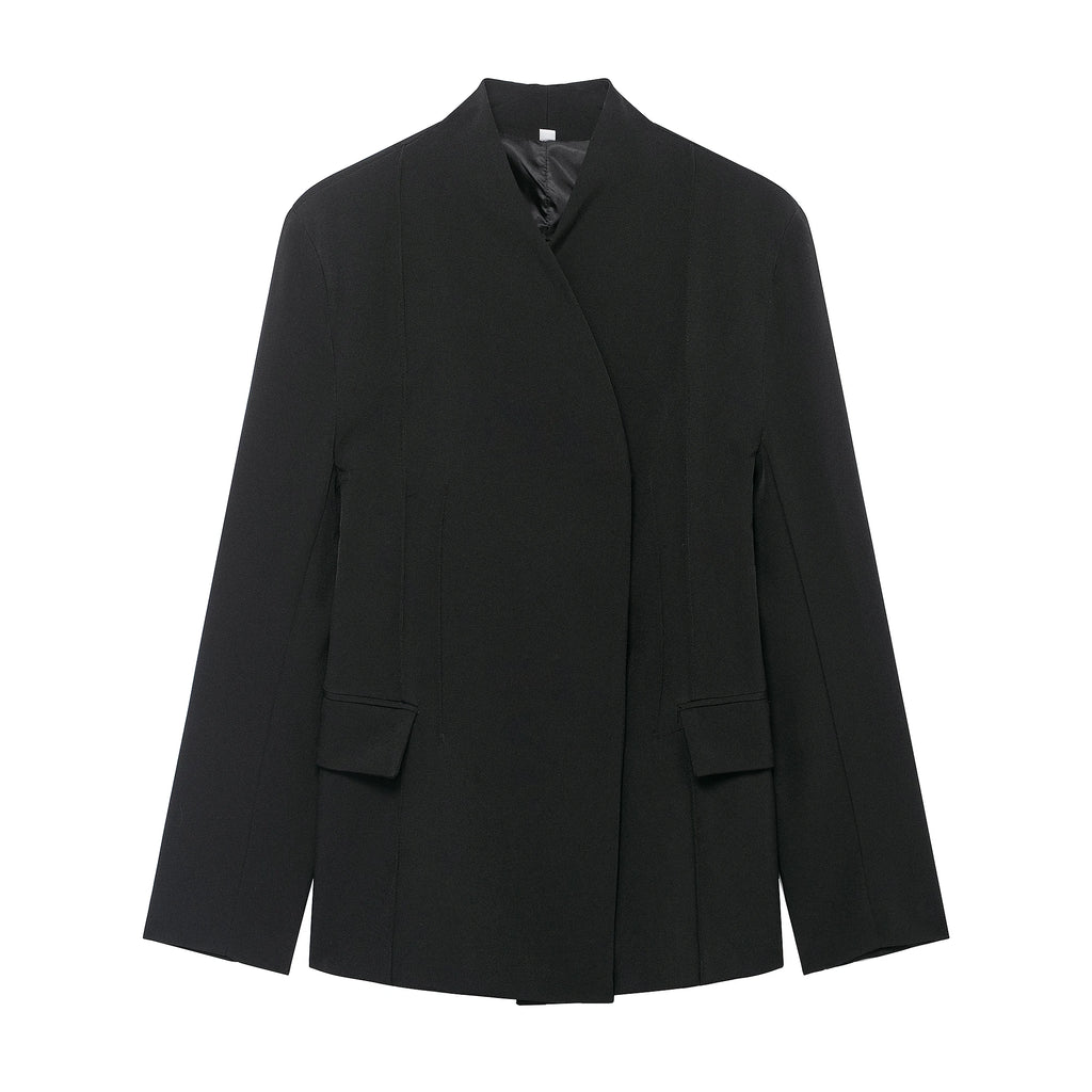 Women's With Pockets Black Blazer Vintage Long Sleeves V-Neck Female Office Lady Outfits
