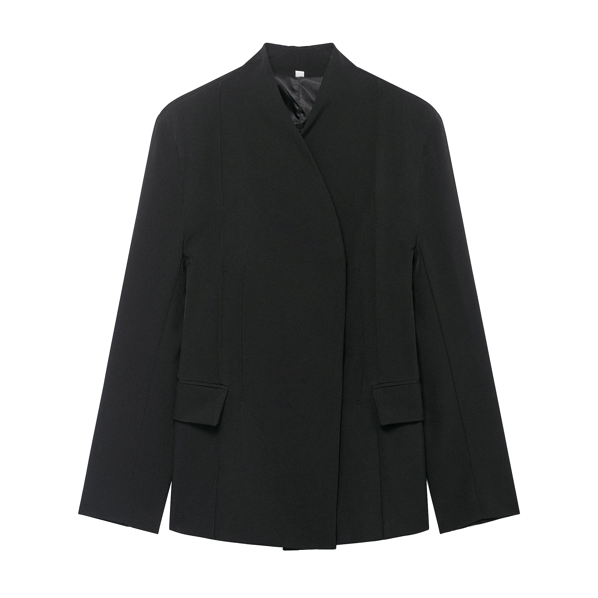 Women's With Pockets Black Blazer Vintage Long Sleeves V-Neck Female Office Lady Outfits
