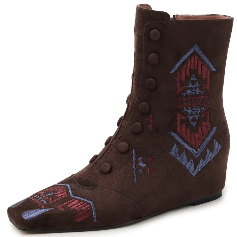 Handmade Genuine Leather Embroidered Boots Tube Low Heel Women Footwear Winter Season Square Toe Slope Heel 33-40
