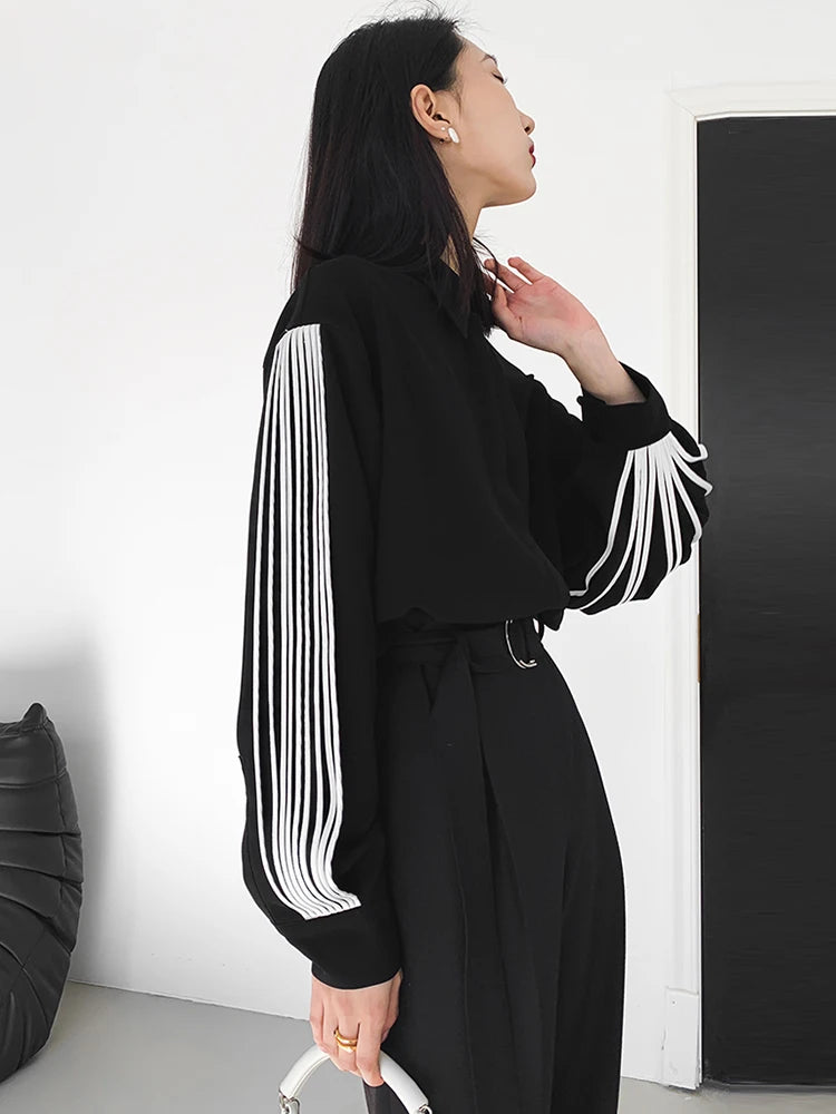 Loose Straight Shirt For Women Lapel Lantern Sleeve Patchwork Colorblock Single Breasted Blouses Female Clothes 2024 Fashion