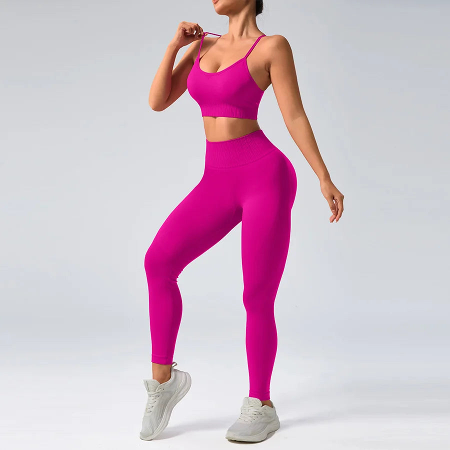 2 pcs/set Seamless Tight Pants Set Rose Red Tank Top Outfit Women's Clothing Breathable  Trousers  Athleisure Fitness Pants