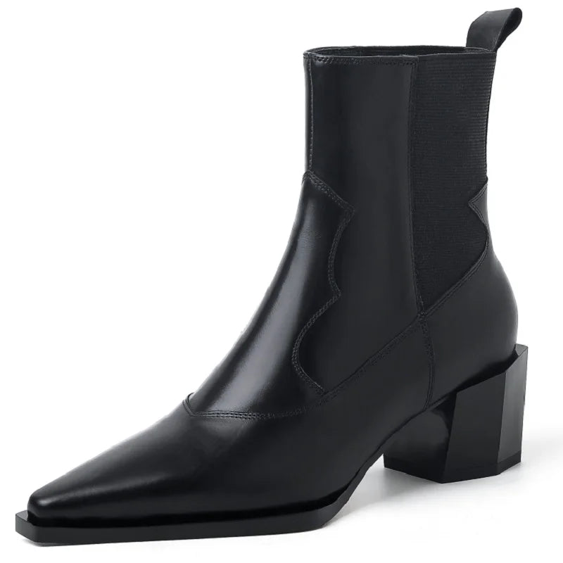 Brand Genuine Leather Pointed Toe High Heel Chelsea Boots Women's Winter British Style Coarse Heels Slip-On 33-40