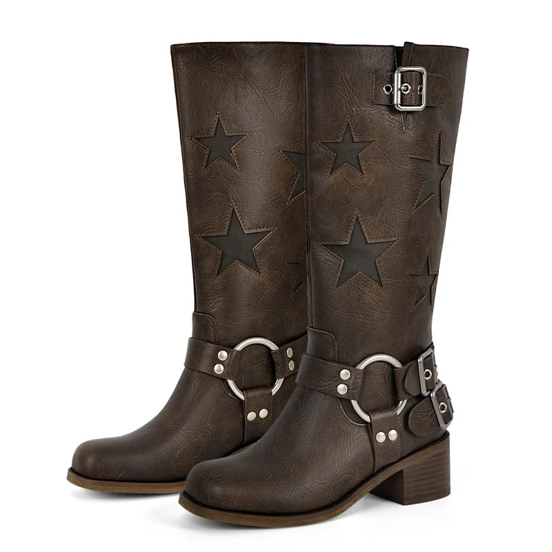 Onlymaker Women Buckle Gothic Black Knee High Boots Heeled Metal Fashion Matte  Motorcycle Boots