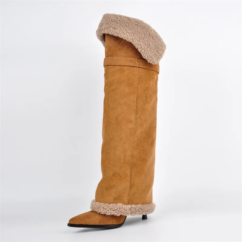 Onlymaker Women Pointed Toe Artificial Suede Lock Pull On Knee High Boots Thin Heel Wide Calf Stiletto Fold Over Boots