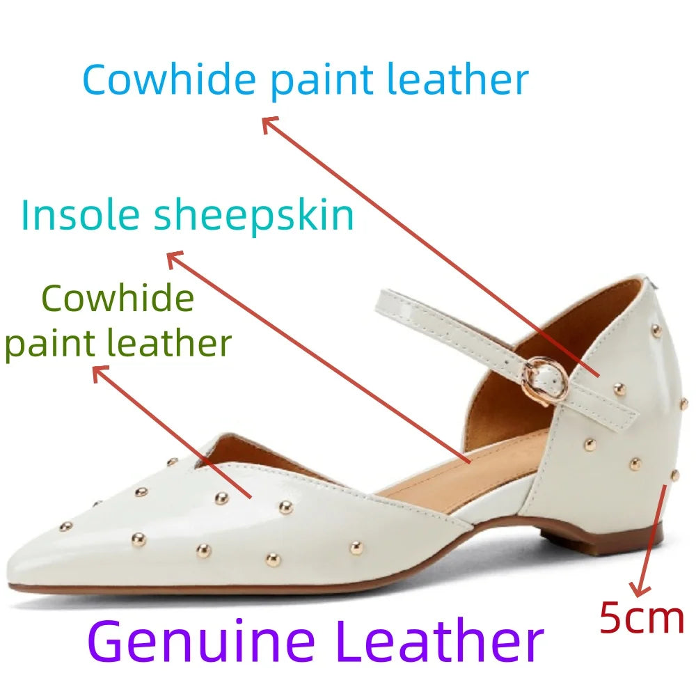 Women Handmade Genuine Leather Soft and comfortable Pointed Toe Strange Heel Rivet Shallow Buckle Strap Shoes