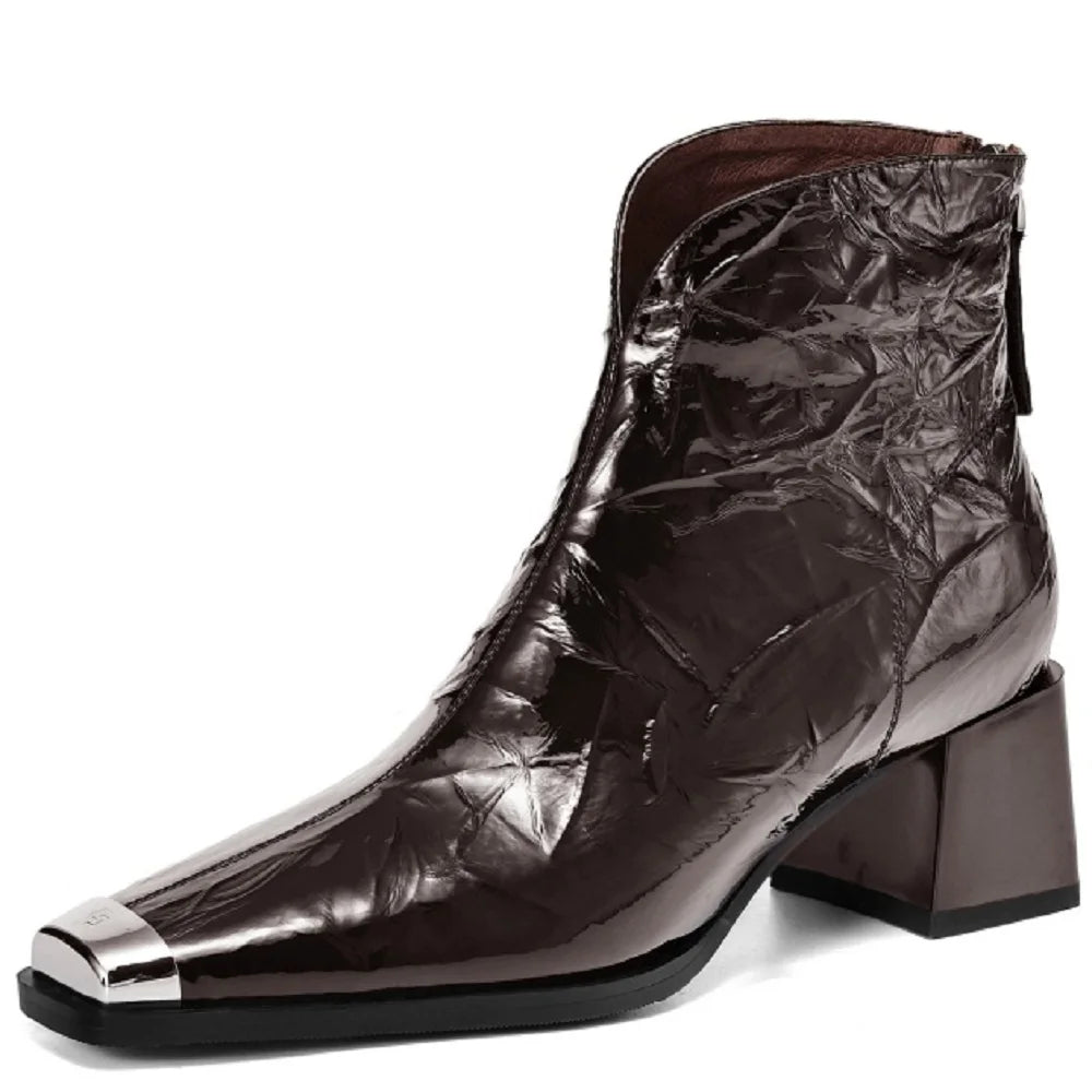New Brand Handmade Genuine Leather Women Ankle Boots Square Toe  Zipper High Heels Pleated Design 34-40
