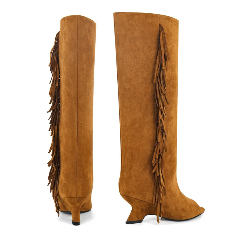 Onlymaker Women Peep Toe Flock Fringe Shaped Heel Knee High Boots  Fashion  Kitten Heel   Female Boots