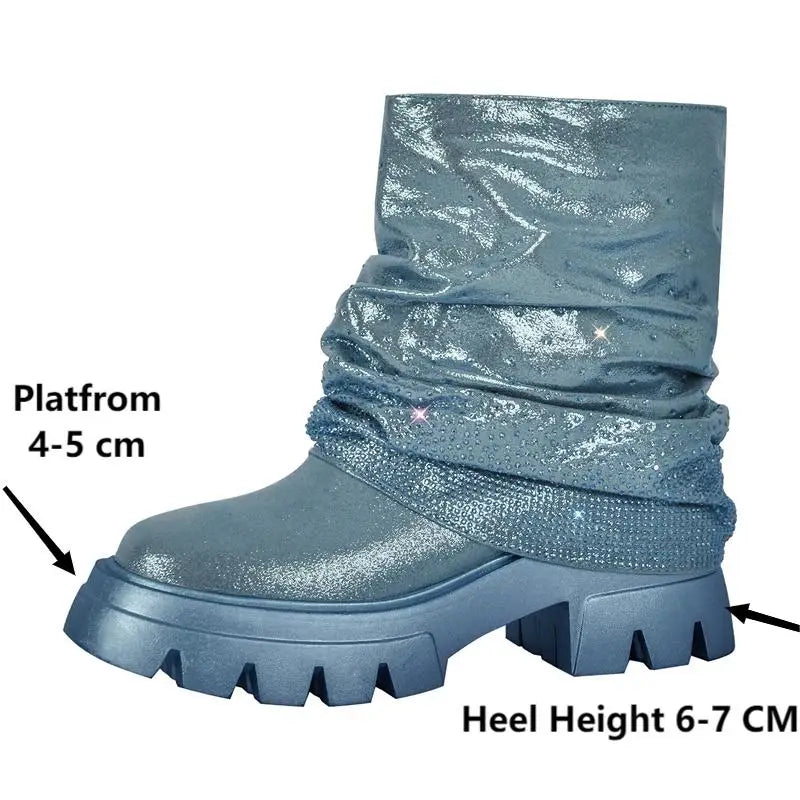 Women Blue Fold Over Rhinestone Trim Boots Round Toe Side Zipper Female  Mid-Calf Boots