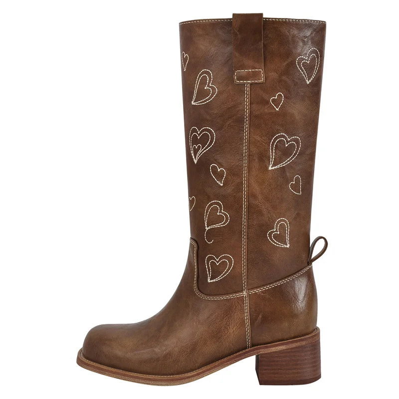 Women Gothic Knee High Boots Heeled Metal Fashion Chocolate Matte Motorcycle Boots