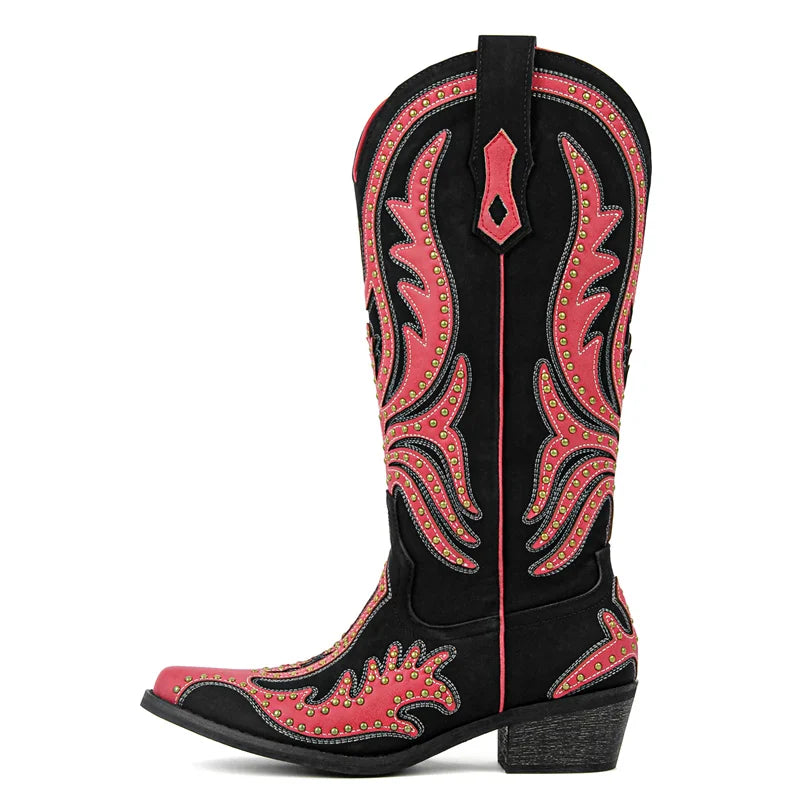 Onlymaker Women White Floral Western Embroidery Cowgirl Boots Pointed Toe Side Zipper Knee High with Chunky Heel  Boots