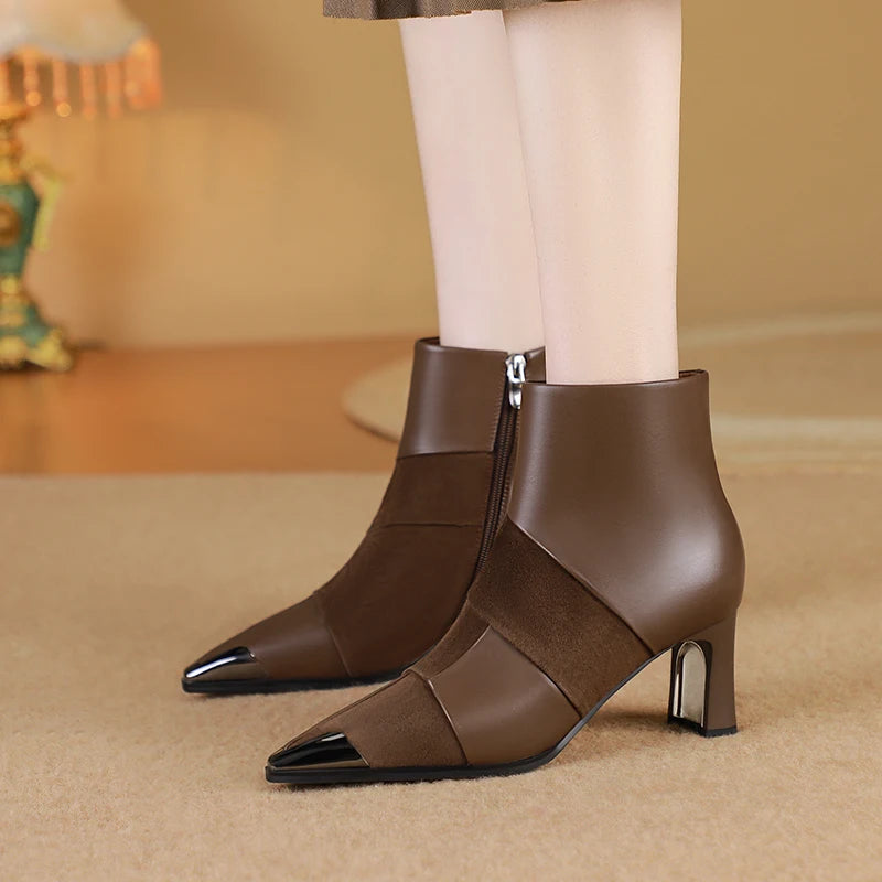 new Handmade cow leather mix color side zip pointed toe short booties high quality soft comfort shoes 34-40