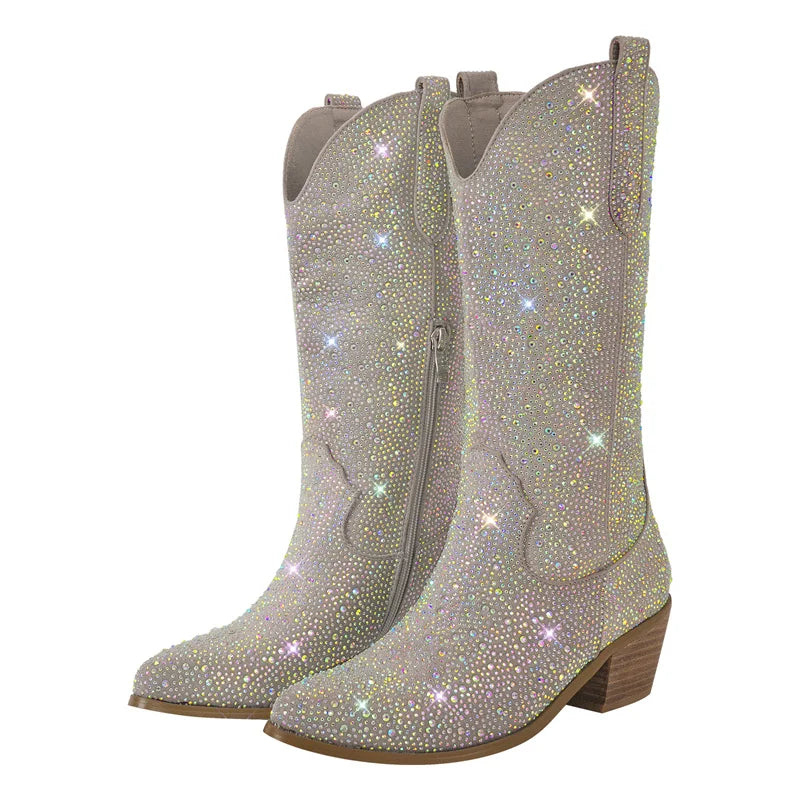 Onlymaker Women Side Zipper Knee High Boots Rhinestone Booties Glitter Bling Shiny Western Pointed Toe Block Heel  Cowgirl Boot