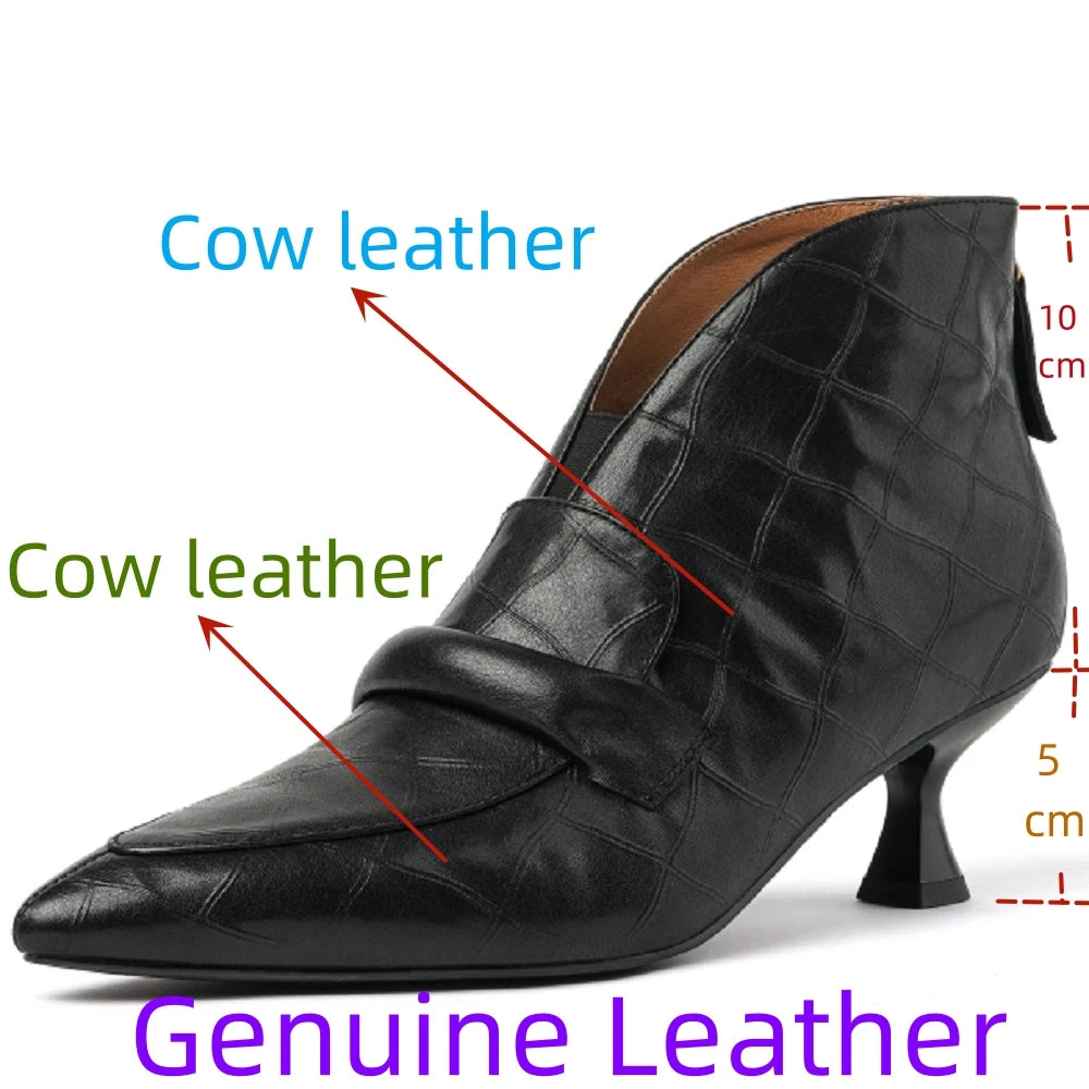New Women Handmade Boots Mid heel Genuine Leather Shoes Pointed Toe Ankle Boots Chunky Shoes Western Boots 34-40