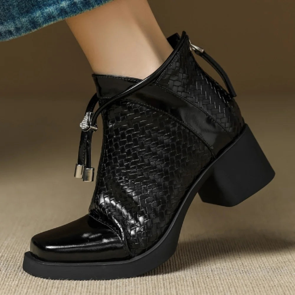 Handmade Genuine Leather Retro Mid Heeled Short Boots Autumn New Square Toe Lace Up Women's Shoes 33-40