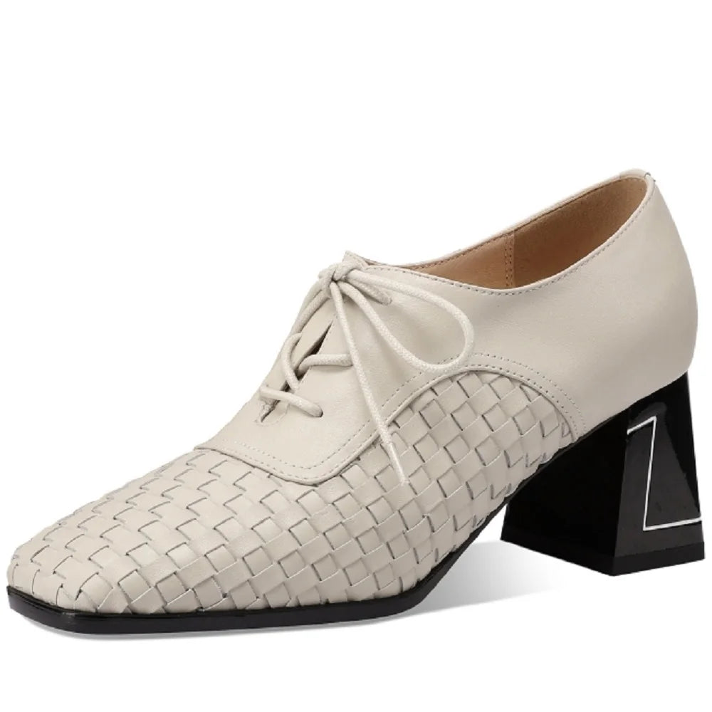 Handmade Genuine Leather Soft Comfortable Mixed color combination with lacesDeep Mouth High Heels Women 33-43