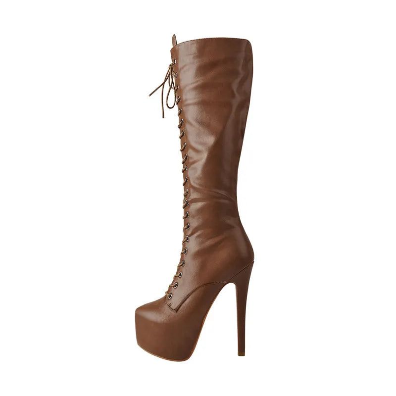 Onlymaker Women's Round Toe Stiletto Platform Zipper Knee High Boots High Heel Lace Up Plus Size Winter Fashion Sexy Boots