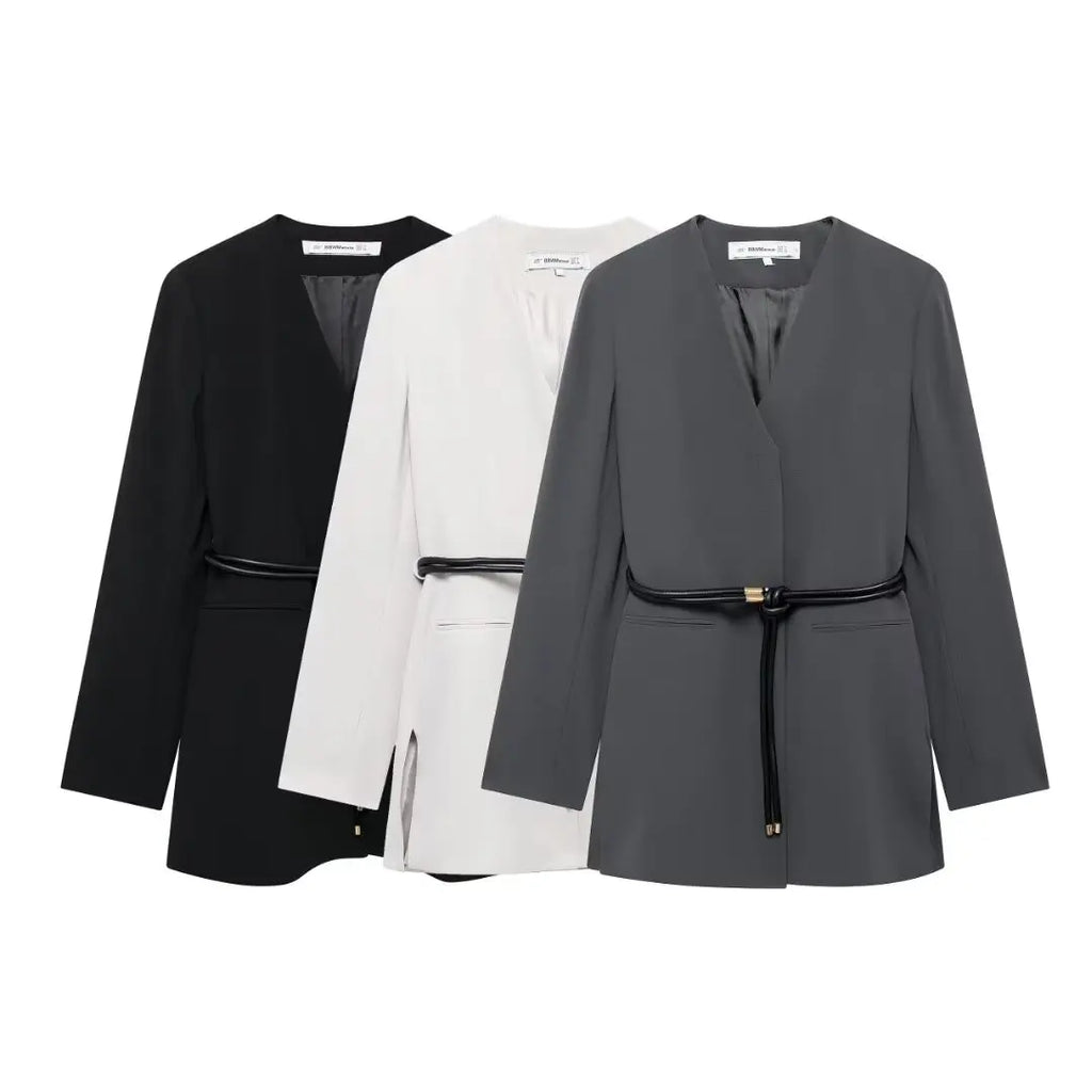 EDSA Women Belt Blazer Long Sleeves with Shoulder Pads V-Neck Jacket Long Sleeves for Office Lady Coat Outerwear
