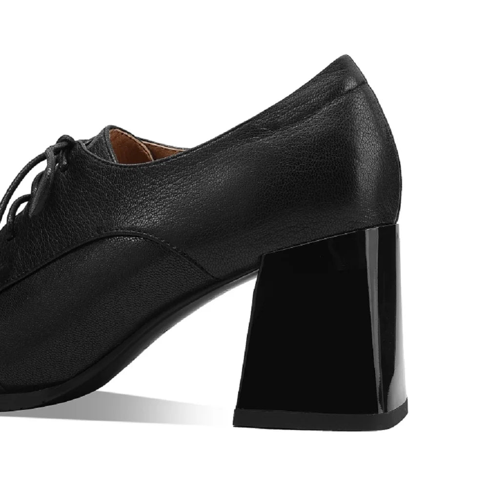 Women's Handmade Genuine Leather lace-up thick high heel oxfords female daily slim dress pumps shoes 33-