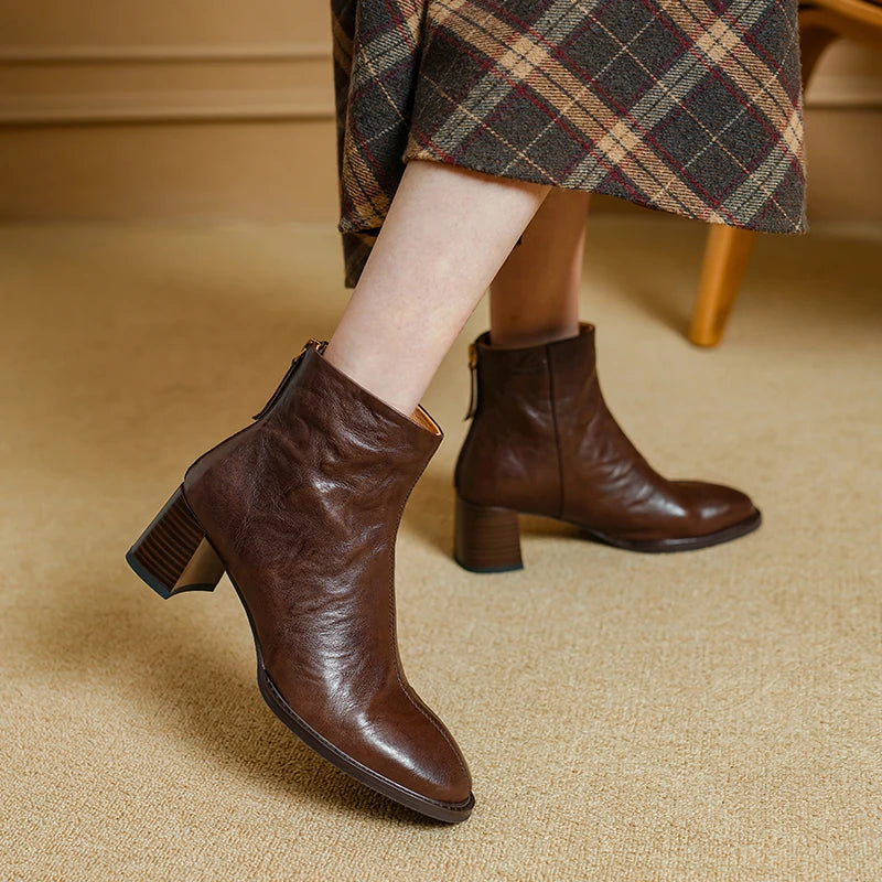 Handmade Genuine Leather Soft and comfortable Ankle Boots Women Booties Chunky Mid Heels Square Toe Shoes 34-40