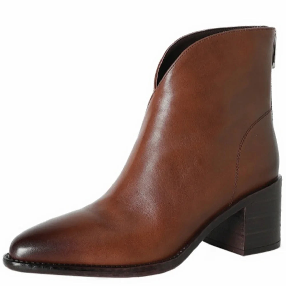 Women Handmade Genuine Leather Pointed Toe Chunky Heel Shoes Casual Zip Ankle Boots Western Boots 34-40