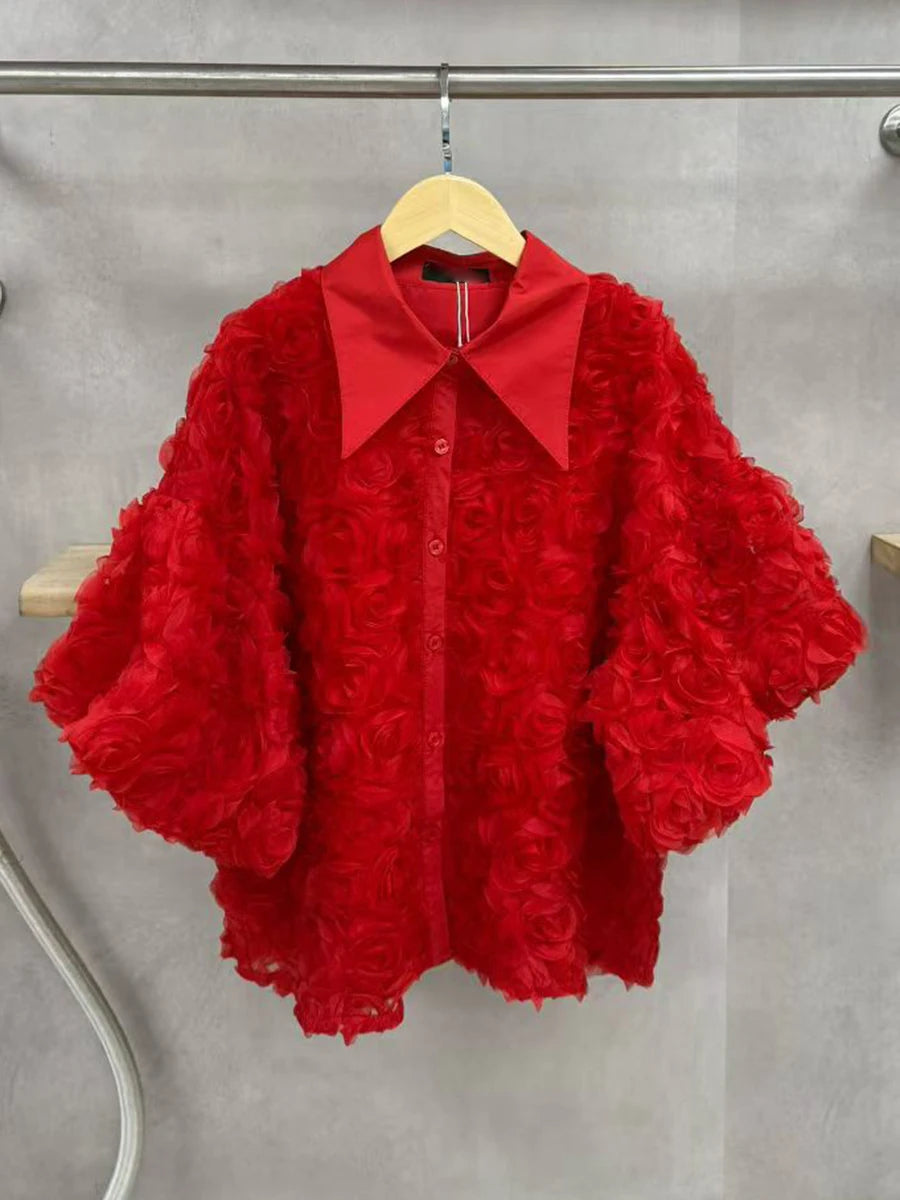 Elegant High End Style Shirts for Women Lapel Half Sleeve Patchwork Petal Stylish Temperament Black Shirt Female Spring New