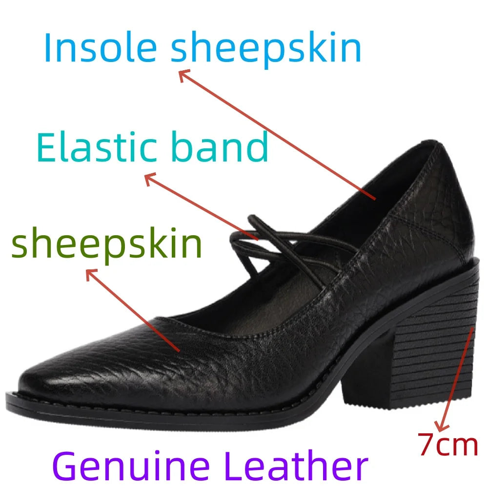 Handmade Genuine Leather Soft comfortable Elastic band Mary Jane Shoes Casual Thick Heel Square Head Upgraded
