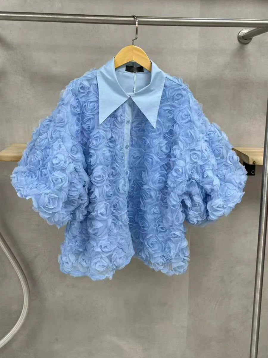 Elegant High End Style Shirts for Women Lapel Half Sleeve Patchwork Petal Stylish Temperament Black Shirt Female Spring New