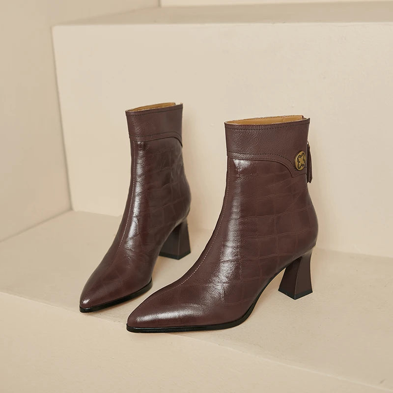 Women Handmade Genuine Leather Soft and comfortable Pointed Toe Chunky Heel Boots 34-40